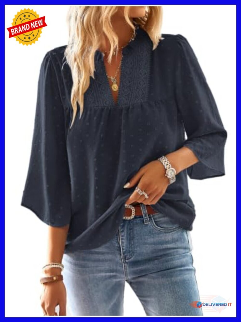 Women's Boho Flowy 3/4 Sleeve V-Neck Lace Tee Blouse